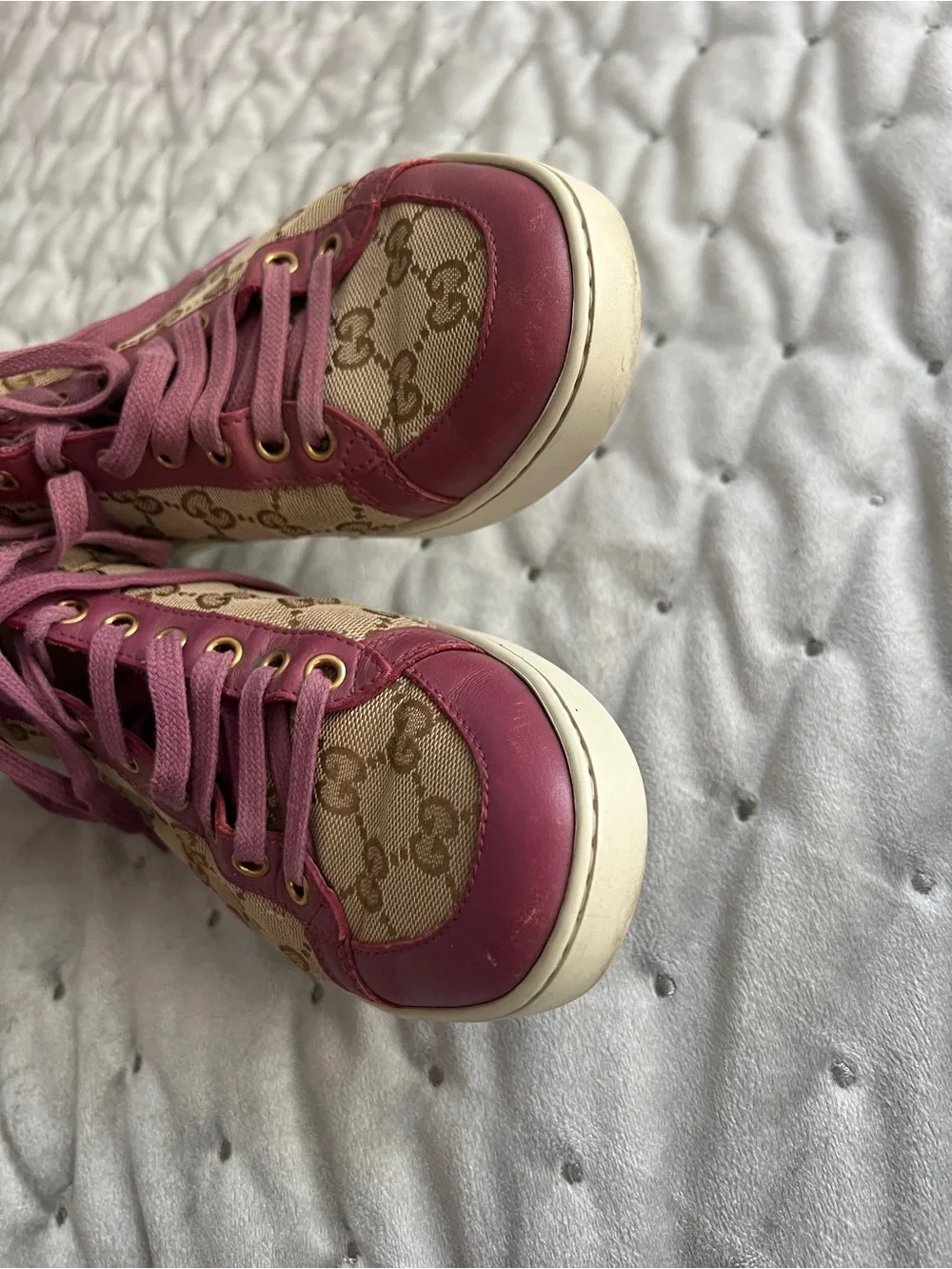 Gucci Beige GG Canvas High-Top Sneakers with Pink Trim